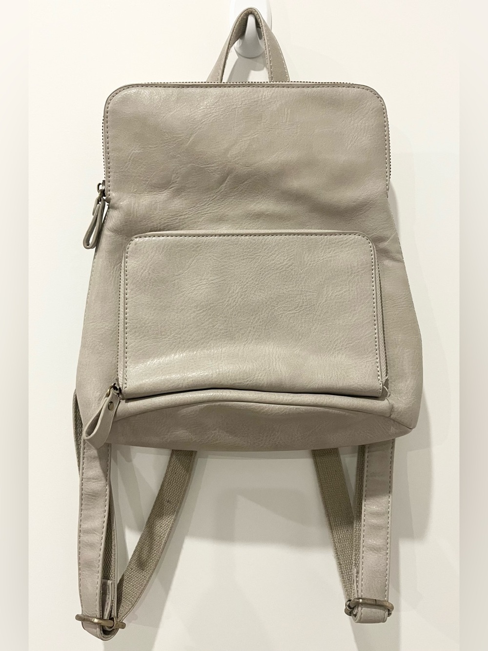 Joy Susan Taupe Vegan Leather Backpack Floral Lining Zip Closure Top Handle